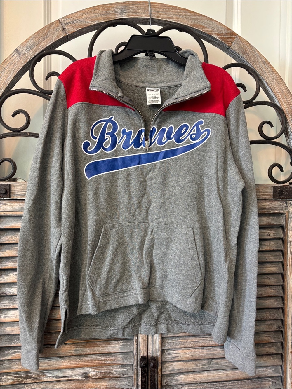 PINK Victoria's Secret Gray and Red Braves Half-Zip Sweatshirt with Blue Script